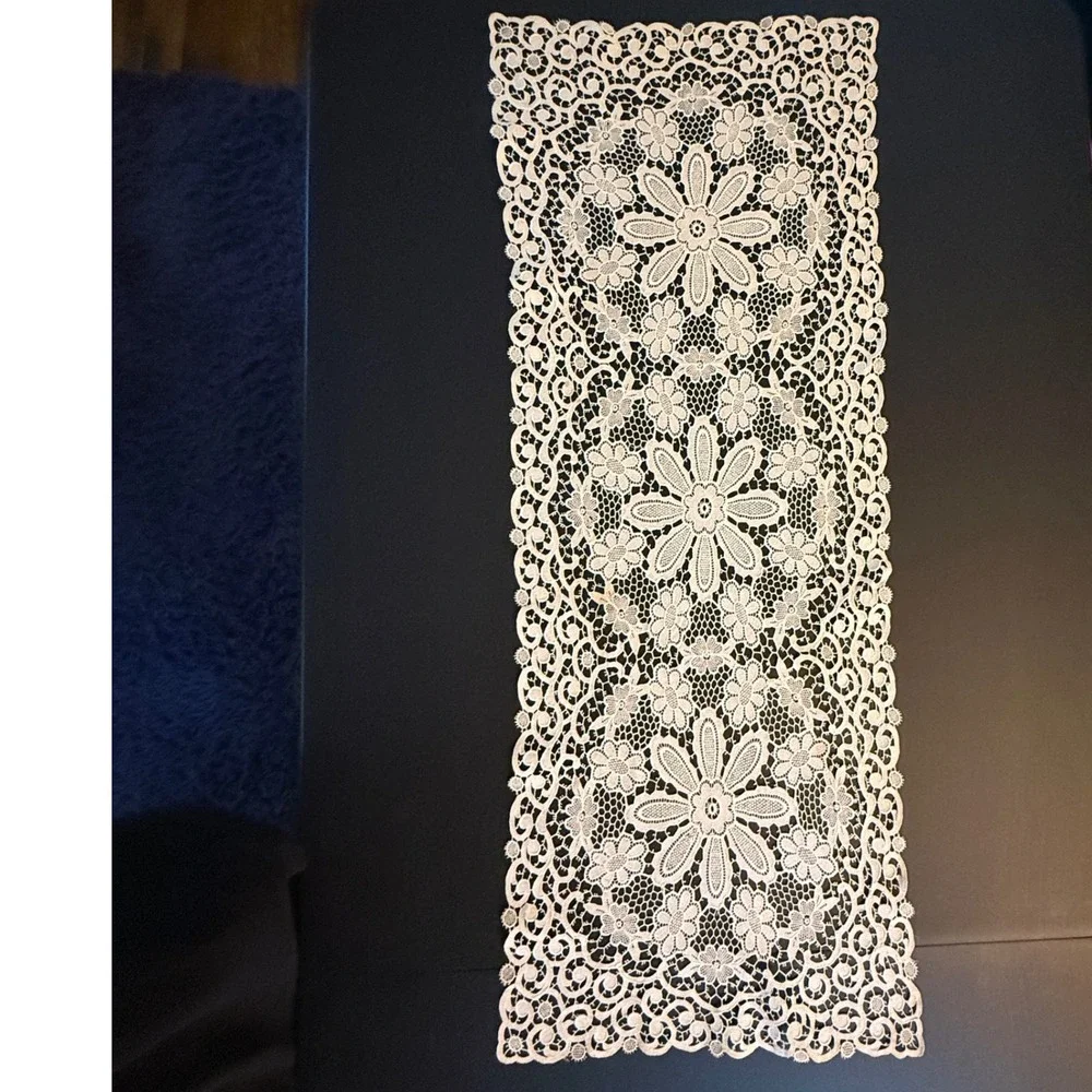 Vintage White Floral Lace Table Runner Rectangular Crochet Style 12x36